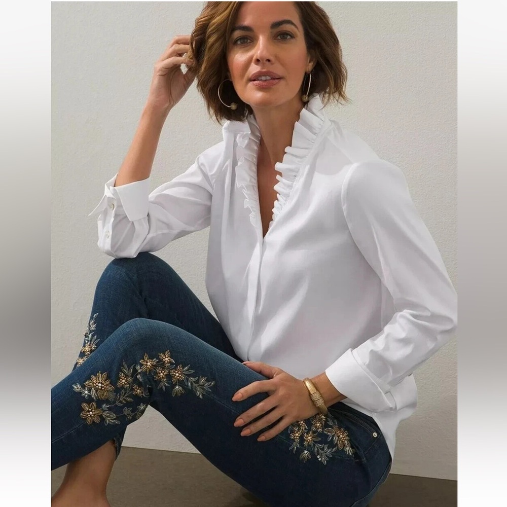 Chico's Poplin Ruffle Neck Tunic Blouse Button Down Shirt White Size 1 (M) 8-10